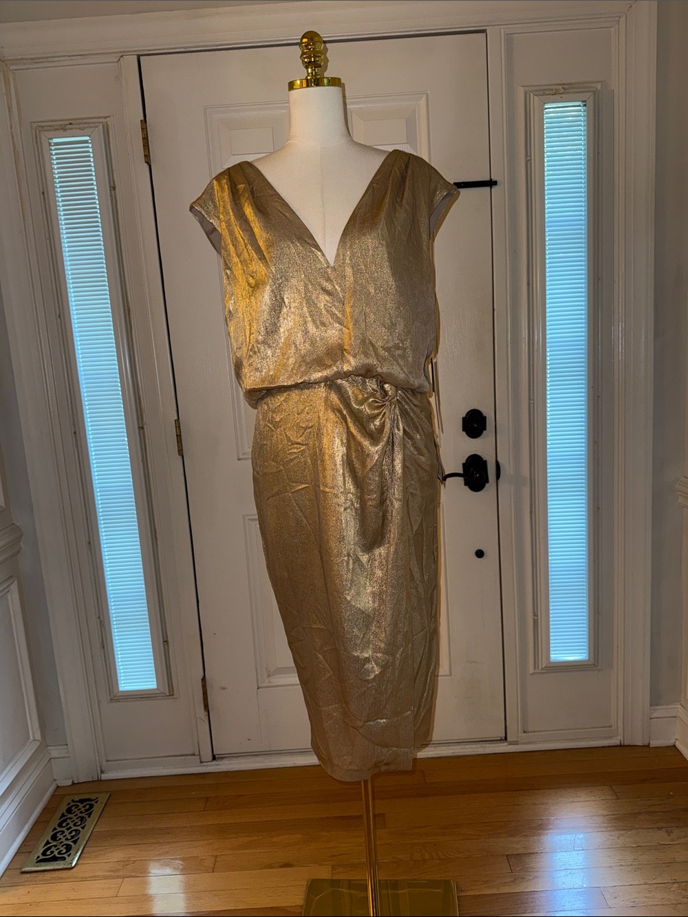 Adrianna Papell Metallic Gold V-Neck Midi Dress